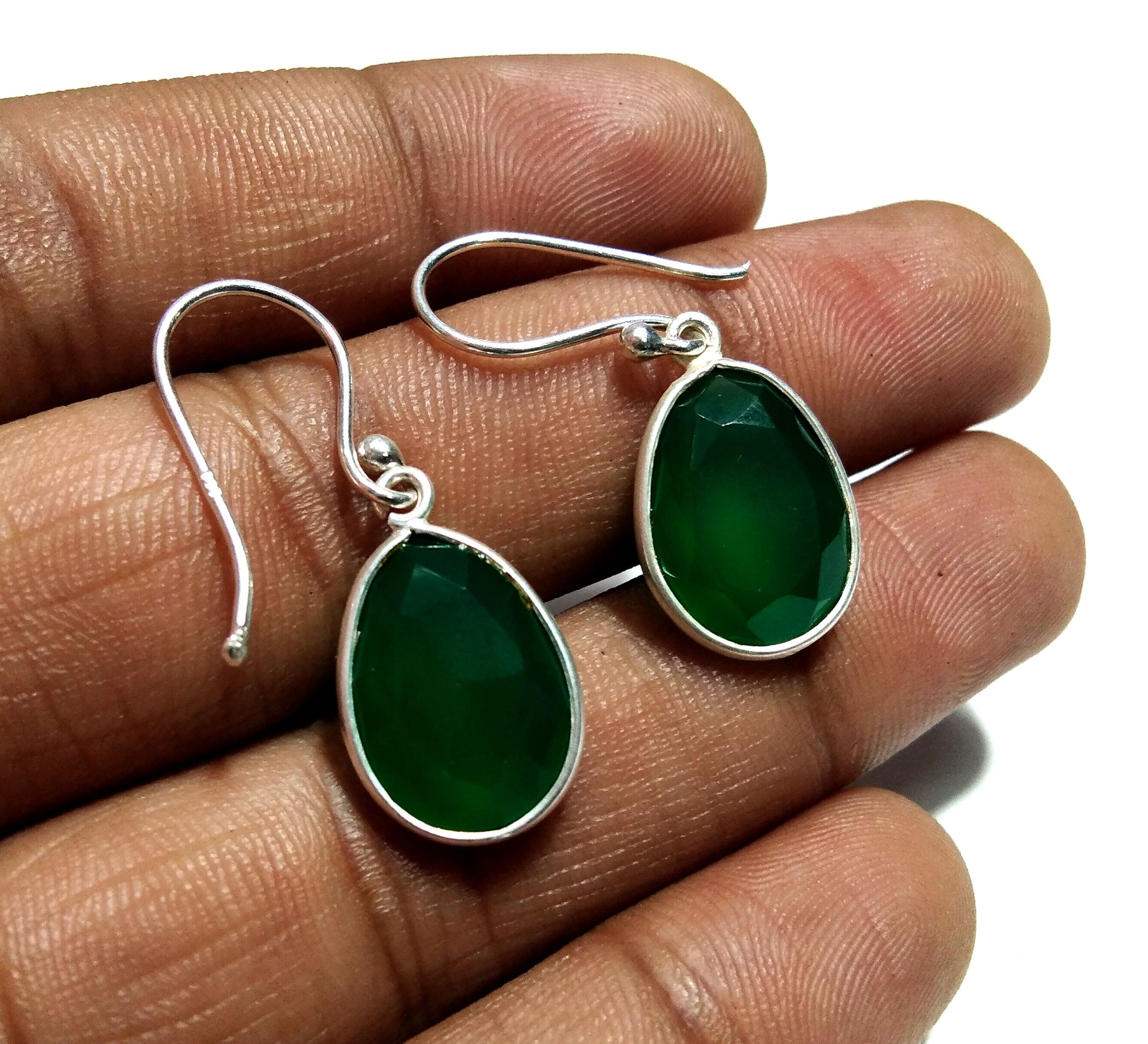 Amazing Natural Green Onyx Stone Earring, Solid 925 Starling Silver Earring, Green Onyx Fancy Shape Stone Size 14x10mm Gift Birthday Earring